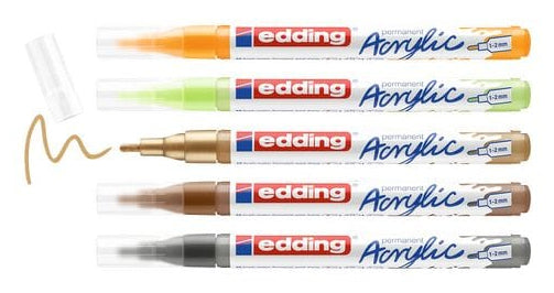 Edding Acrylmarker – sortiert (pastellgrün, sonnengelb, haselnuss, reichgold, anthrazit), 5er Set
