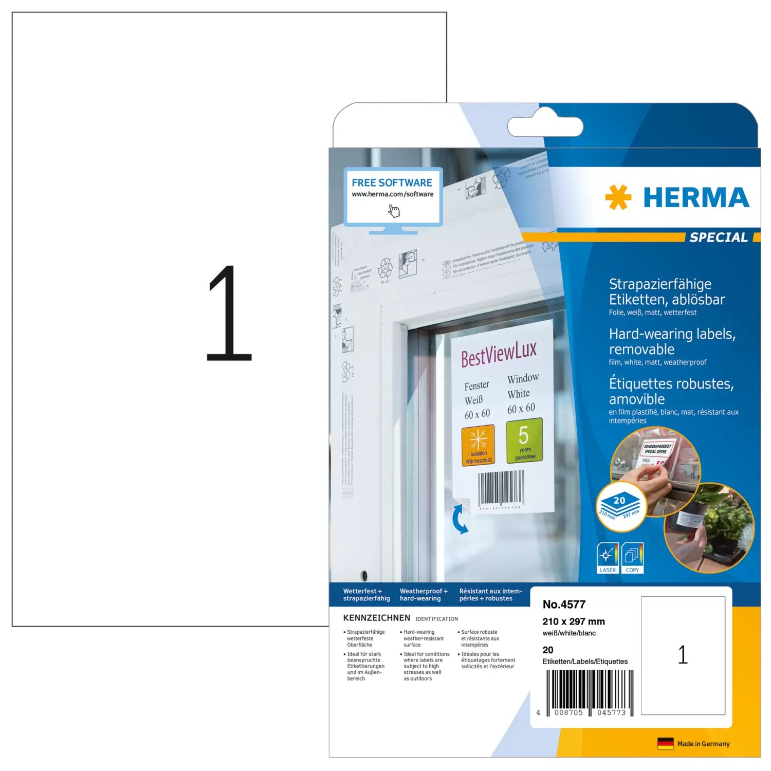 HERMA Drucketiketten, 210 mm × 297 mm, weiss, Folie, extra stark, 20 Blatt