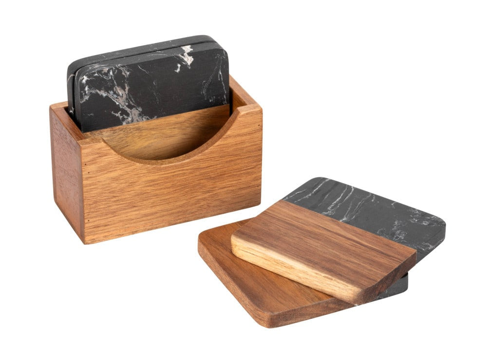 Wenko Untersetzer Atami – 4er Set, 10 × 10 × 1 cm, Marmor/Holz, Schwarz/Braun