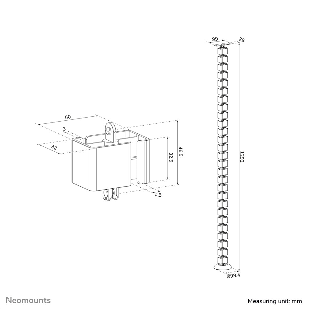 Neomounts ADS06-130BL Kabelführung – höhenverstellbar, schwarz, Kunststoff, B 994 × H 1292 × T 32 mm