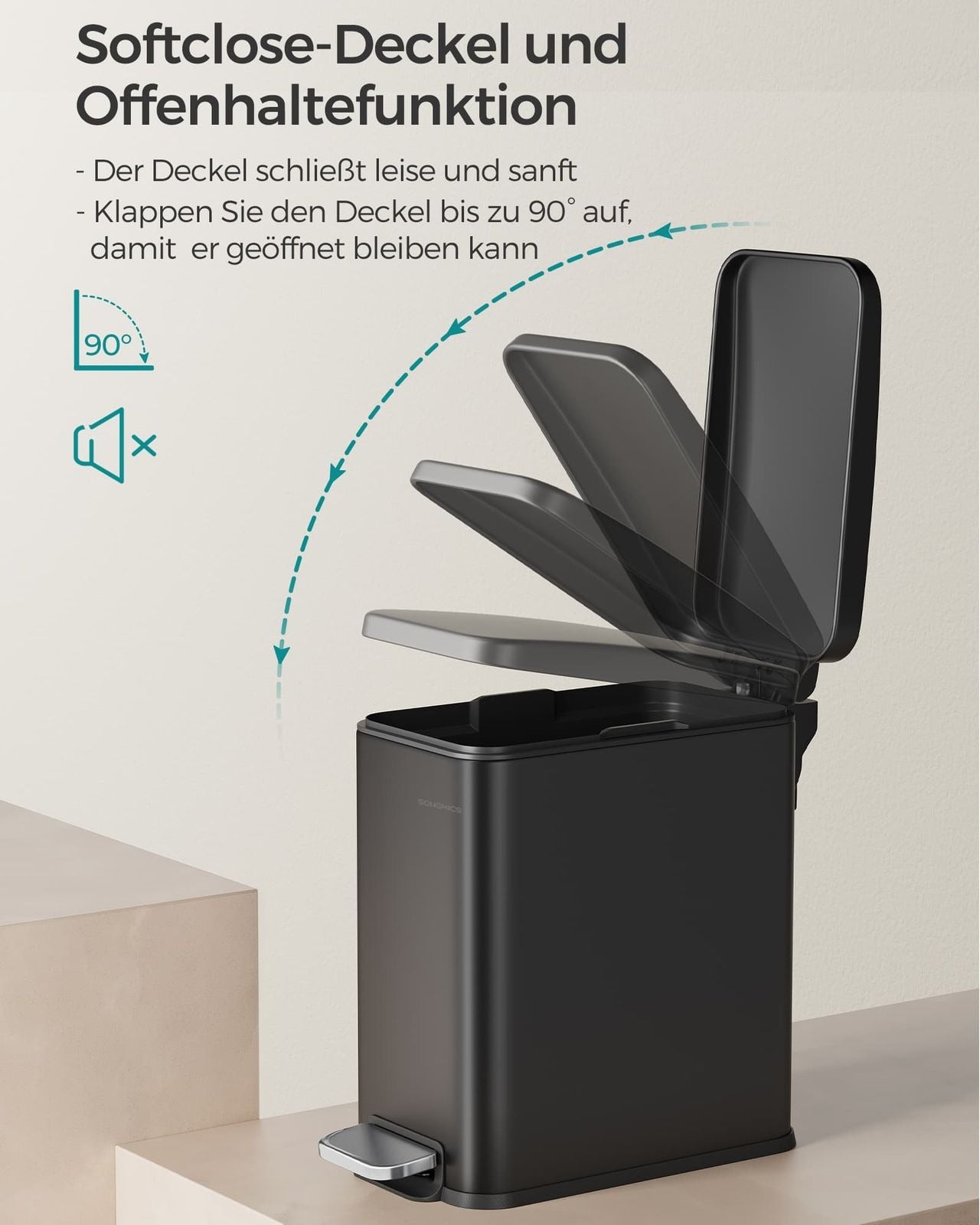 Songmics Tisch-Abfallbehälter – 5 l, mit Deckel, Stahl, schwarz – B × H × T 144 × 290 × 299 mm