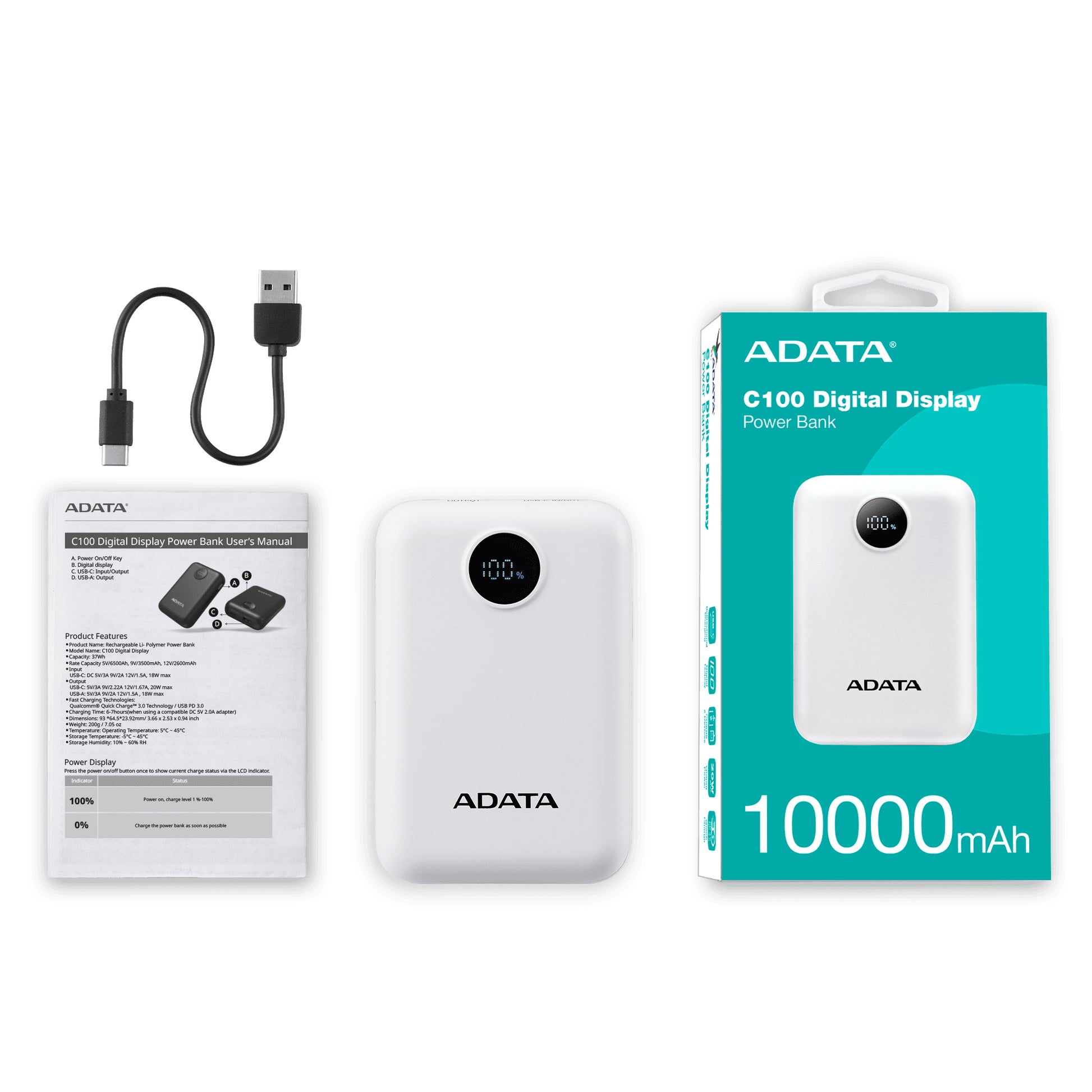 ADATA Powerbank – 10'000 mAh, Weiss