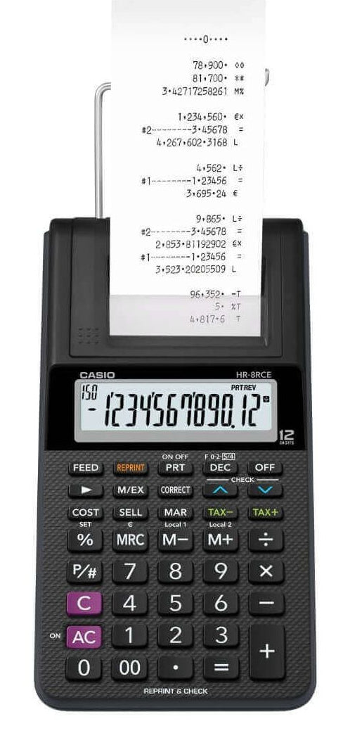 Casio Druckender Tischrechner HR-8RCE – 12-stellig, 2 Zeilen/s, LCD, Steuer/Währung, Netz/Batterie