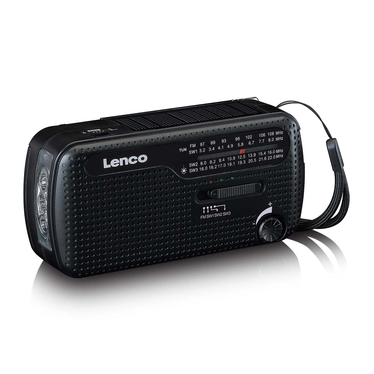 Lenco MCR-113BK – Tragbares Radio, UKW, Kurbel/Dynamo, Solar-/USB-C-Ladung, Powerbank, Lampe – Schwarz