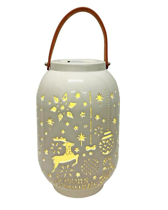 Dameco Dekorative Laterne – 18 × 28 cm, Warmweiss, Timer 6/18 h, Batteriebetrieb 2×AA, Keramik, Weiss