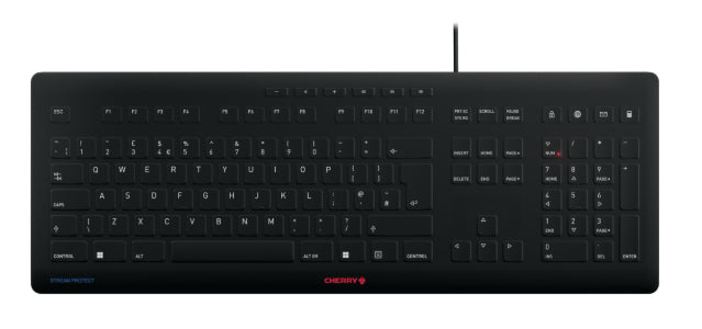 CHERRY STREAM PROTECT – Tastatur – QWERTY (UK) – USB (kabelgebunden), Full-Size, Scherenschalter, Schwarz