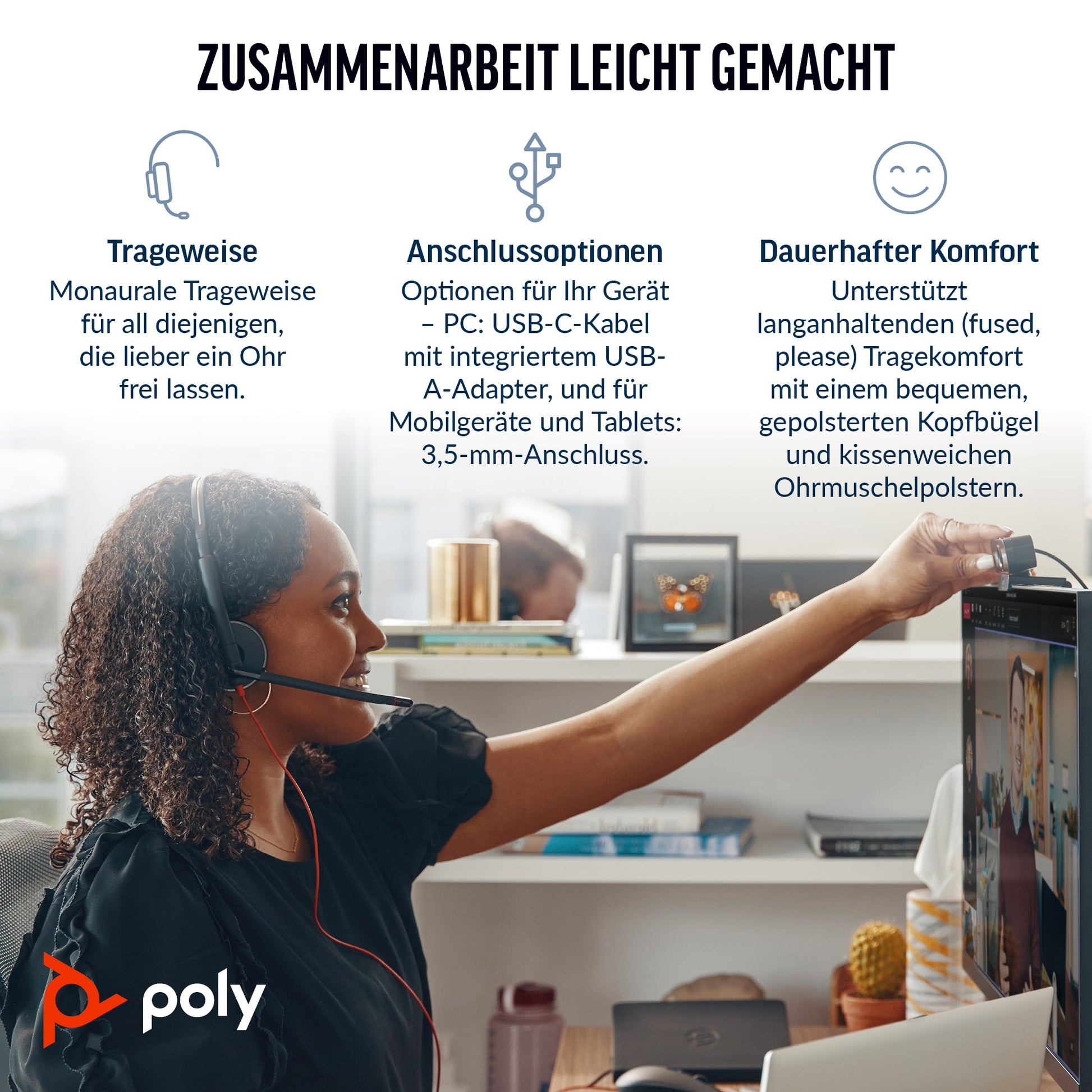 Poly Blackwire 3315 Office-Headset – On-Ear, Mono, Kabel, USB-C, 3,5 mm Klinke, ANC, Schwarz