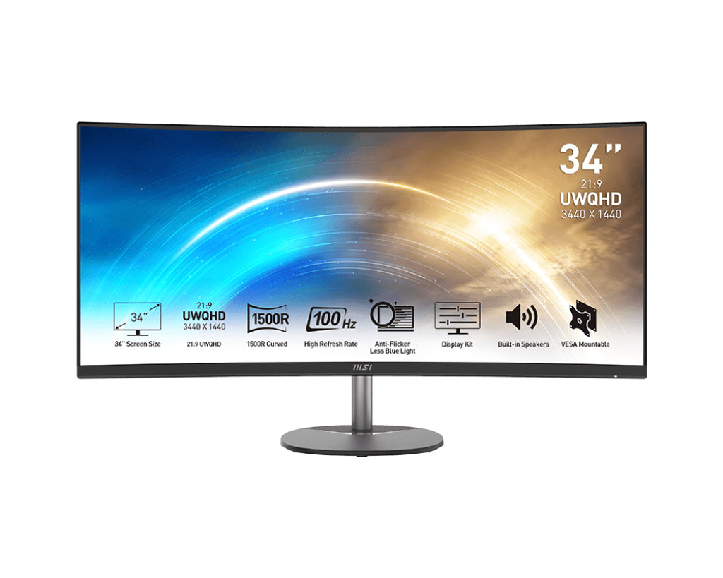 MSI PRO MP341CQDE – Monitor, 34", 300 cd/m², Integrierte Lautsprecher, AMD FreeSync, VESA 100 × 100, Schwarz