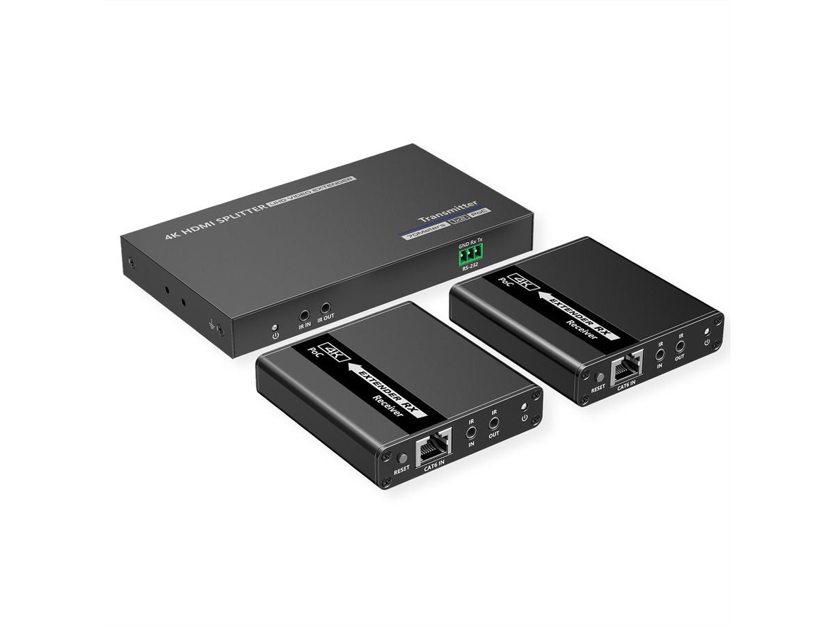 VALUE HDMI-Splitter-Set, 1× HDMI In, 3× HDMI Out, HDMI 1.4, 4K@30 Hz, bis 40 m über TP, IR, 3,5 mm Audio