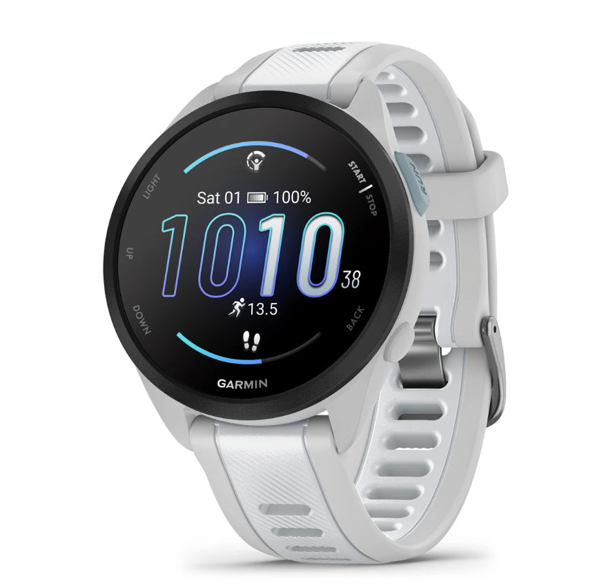 Garmin Forerunner 165 – GPS-Smartwatch – 43 mm, 1,2", GPS, AMOLED, 5 ATM, Hellgrau/Weiss, Sportarmband