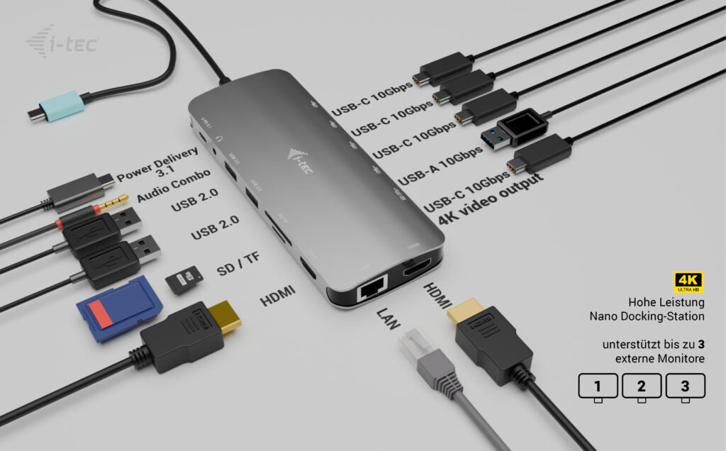 i-tec Metal Nano Dockingstation – USB-C, 2× HDMI, 1× DP, 3× USB-A, 5× USB-C, 140 W PD, GbE, SD/microSD, 3,5 mm