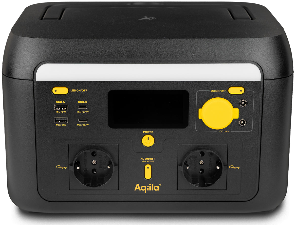 Aqiila Powerbird S600 – Powerstation, 512 Wh, 1'000 W AC, LiFePO4, 2× Schuko (Typ F), WLAN, LCD