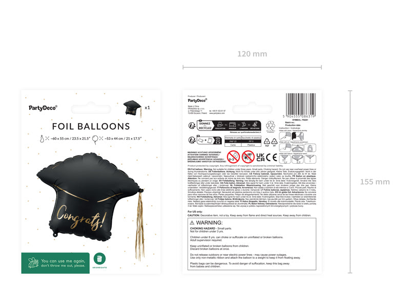 PartyDeco Folienballon Kappe – schwarz – 53 × 44 cm – 1 Stk