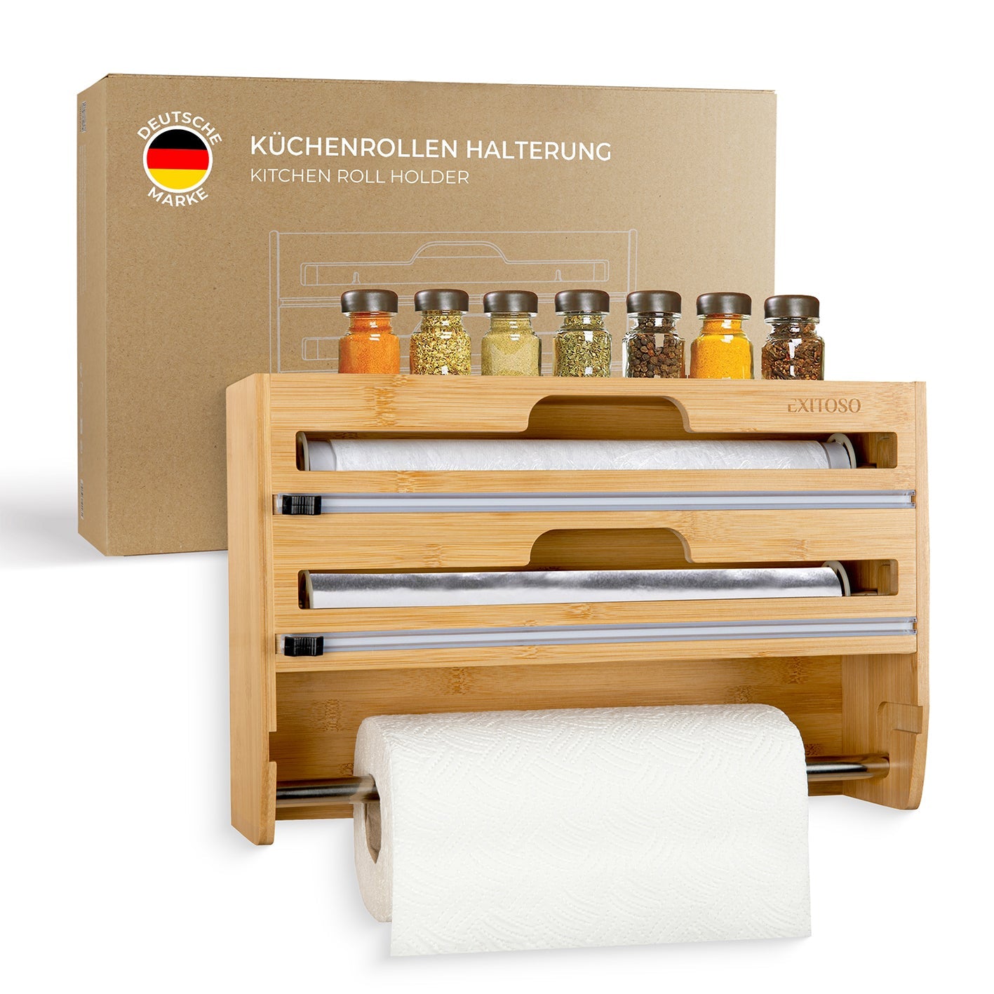 Exitoso Küchenrollenhalter, Holz, 10 × 37,3 × 24 cm, Braun, wandmontiert, für Alufolie und Plastikfolie