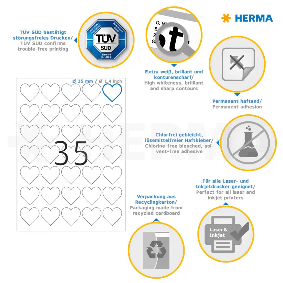 HERMA Herz-Etiketten A4 35 mm – Papier, matt, weiss – permanent haftend – Laser/Inkjet – 35 pro Blatt, 10 Blätter