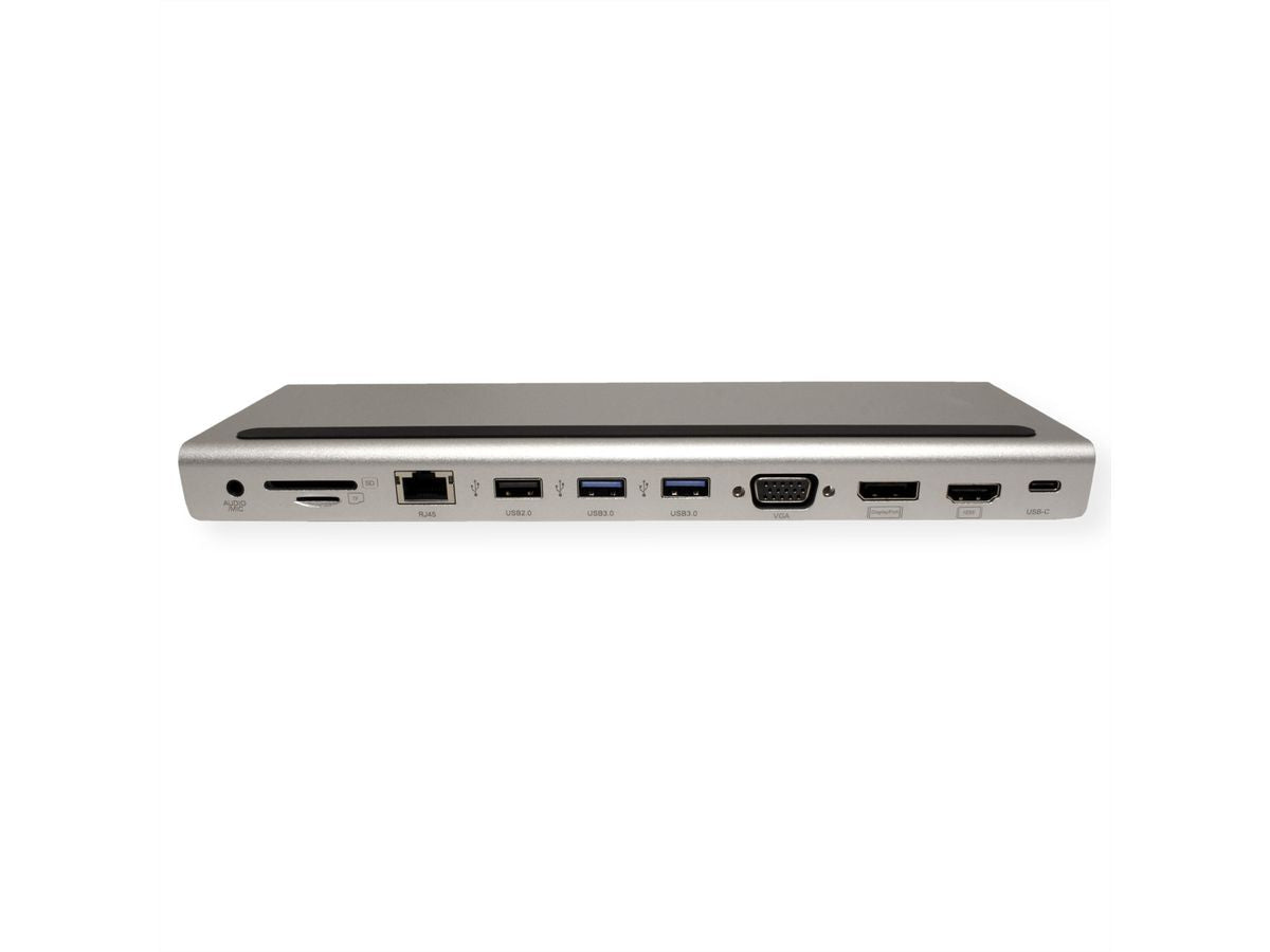 VALUE Dockingstation – USB-C, DP/HDMI/VGA, 3× USB-A, GbE, SD/microSD, 3,5 mm Audio, für Windows/Mac