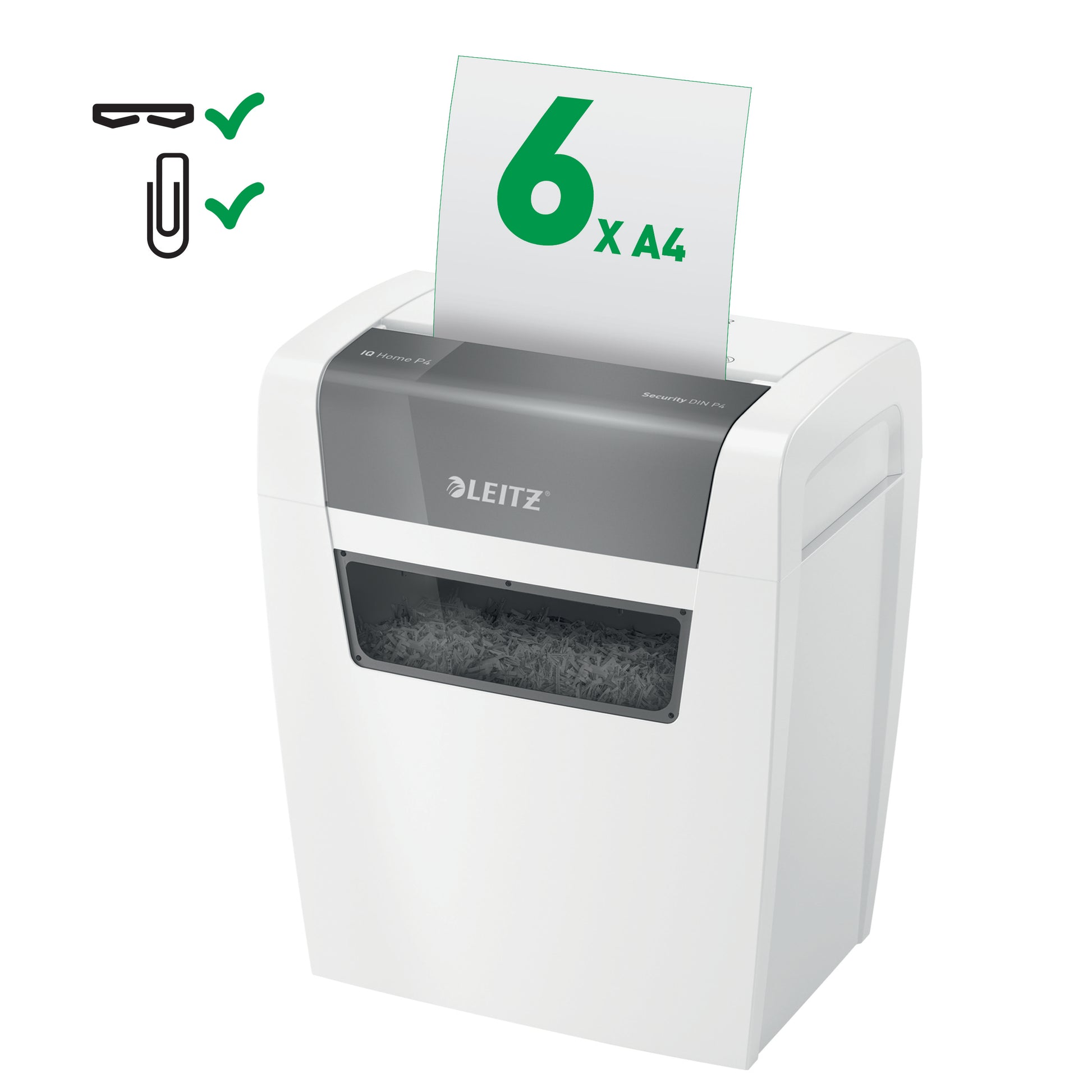 Leitz IQ Home – Aktenvernichter, DIN P-4, Partikelschnitt 4 × 28 mm, 6 Blatt, 15 l, A4