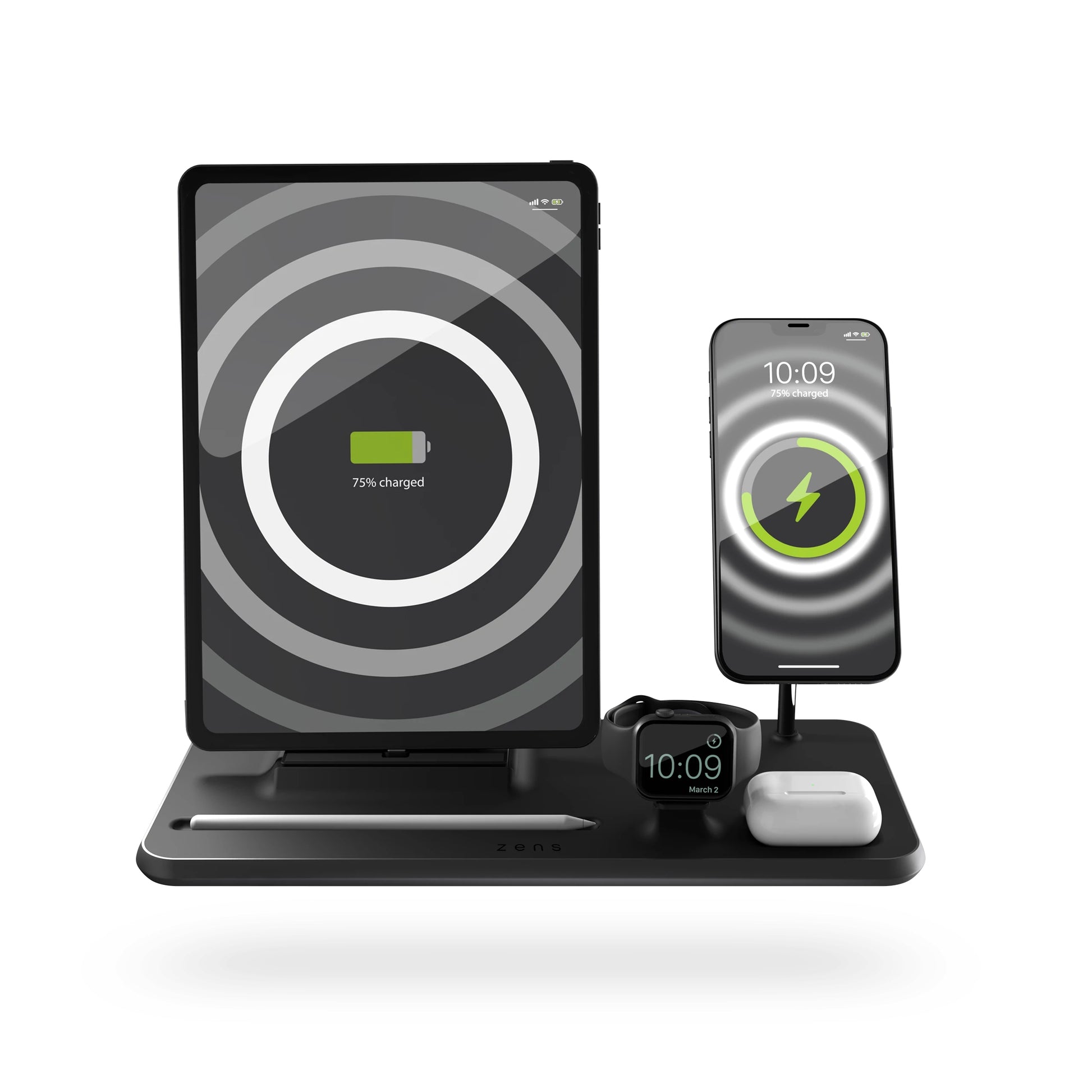 ZENS ZEDC21B/00 Kabelloses Ladegerät 15 W – Qi, PD – USB‑C×1 – 4× gleichzeitig – für Smartphone und mehr – Schwarz