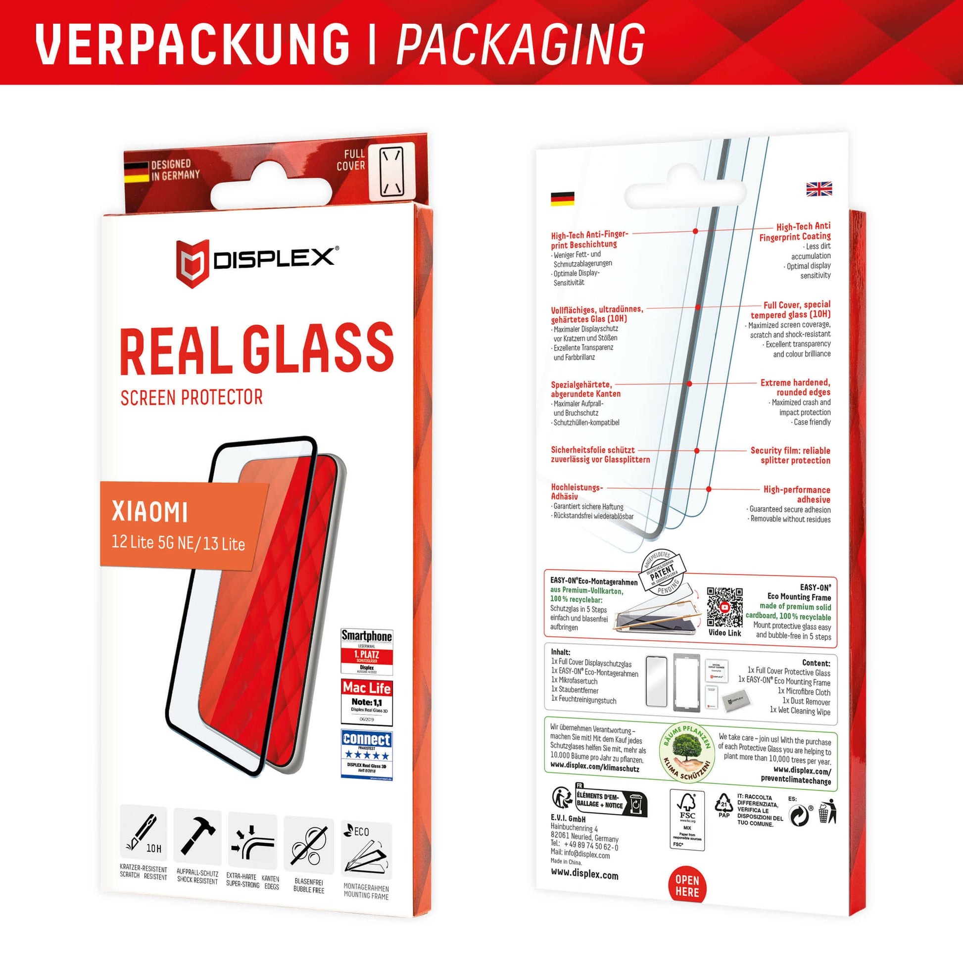 E.V.I. Displayschutz (Panzerglas), Full Cover – für Xiaomi 12 Lite NE/13 Lite – mit Applikator