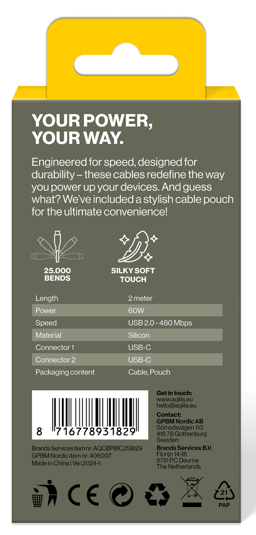 Aqiila USB-C auf USB-C Kabel – USB 2.0 (480 Mbit/s) – 2 m – PD 60 W – Silikonmantel – Weiss