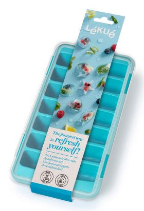 Lékué Rechteckige Eiswürfelform – 12 × 23 × 3,2 cm, Kunststoff (SBS), Türkis, 14 Eiswürfel, mit Deckel