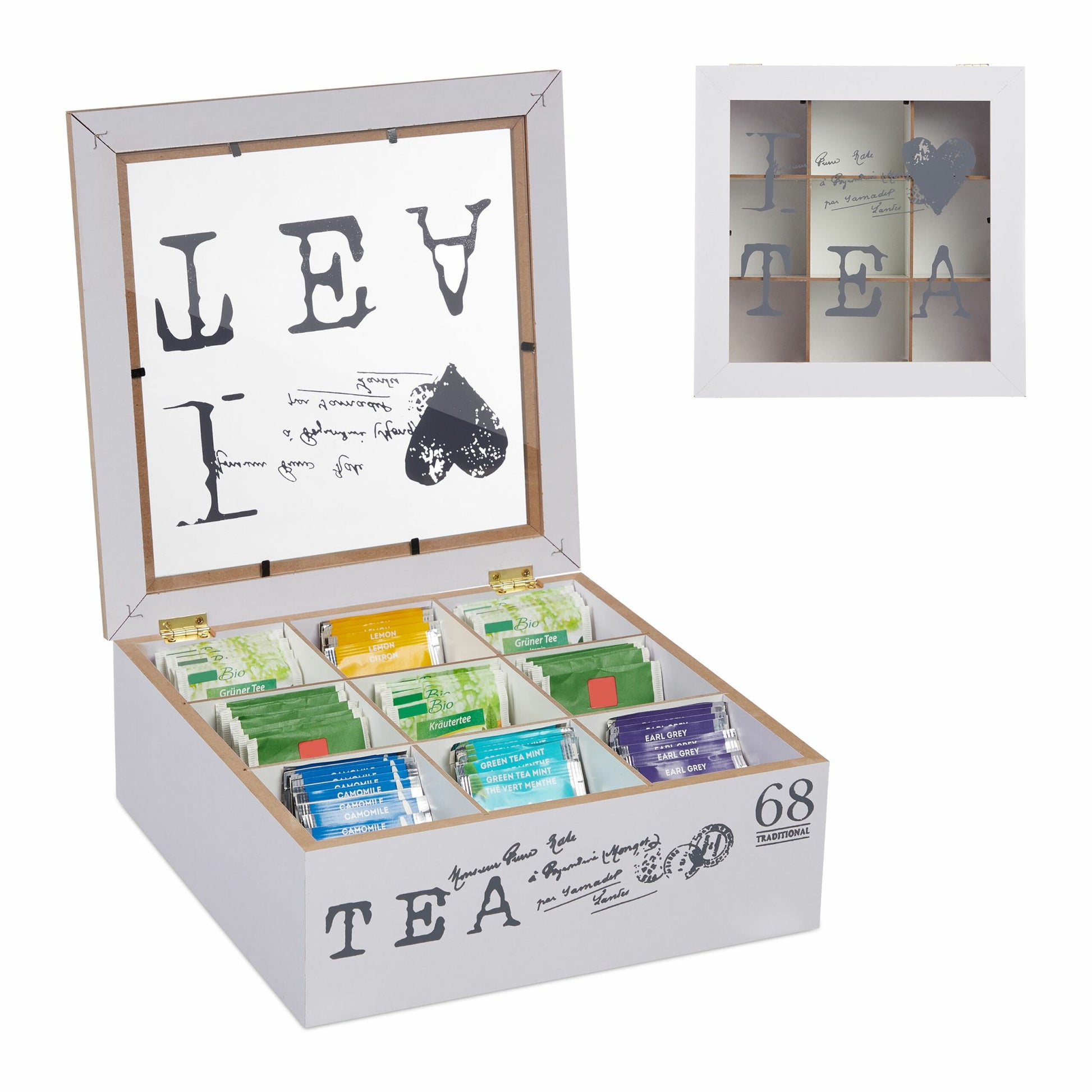 Relaxdays Teebeutelbox Acryl/MDF, 9 Fächer, 25 × 25 × 9 cm, Grau/Weiss