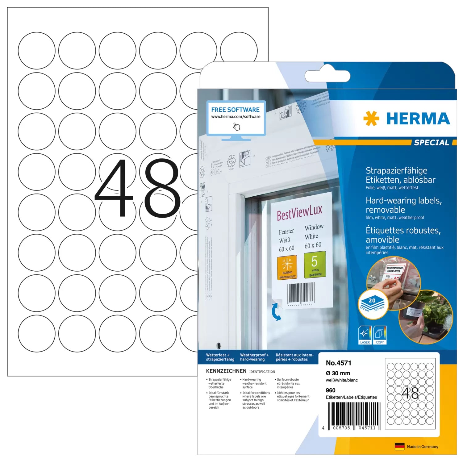 HERMA Druckeretiketten, Ø 30 mm, weiss, Folie, extra stark, 20 Blatt, 960 Etiketten
