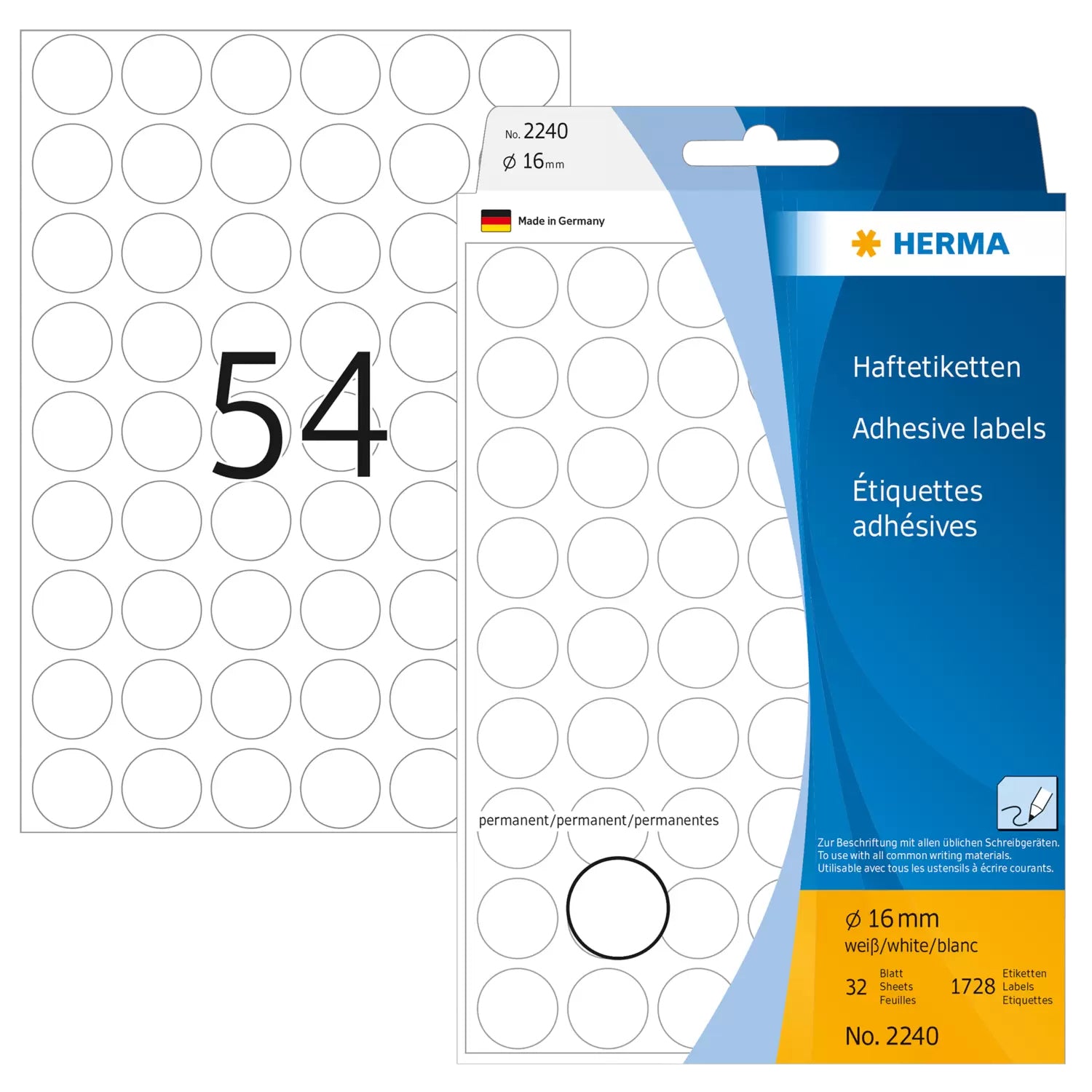 HERMA Haftetiketten – rund Ø 16 mm, stark haftend, weiss, 32 Blatt (1'728 Stk.)