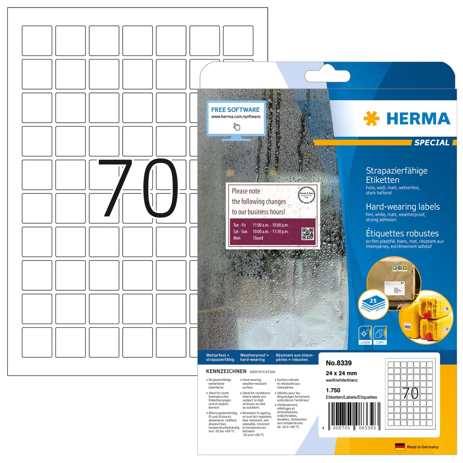 HERMA Drucketiketten, 24 mm × 24 mm, weiss, Folie, extra stark, 25 Blatt (1'750 Etiketten)