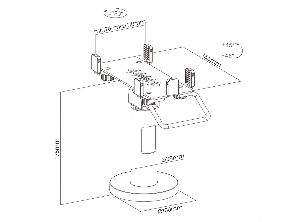 ROLINE POS-Halterung, Schraubbefestigung, 360°/±45°, für Geräte 70–110 mm Breite, bis 166 mm Länge, Schwarz