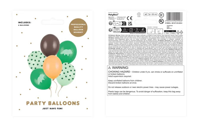 PartyDeco Dinosaurier Luftballons – Mehrfarbig – Ø 30 cm – Latex – 6 Stk