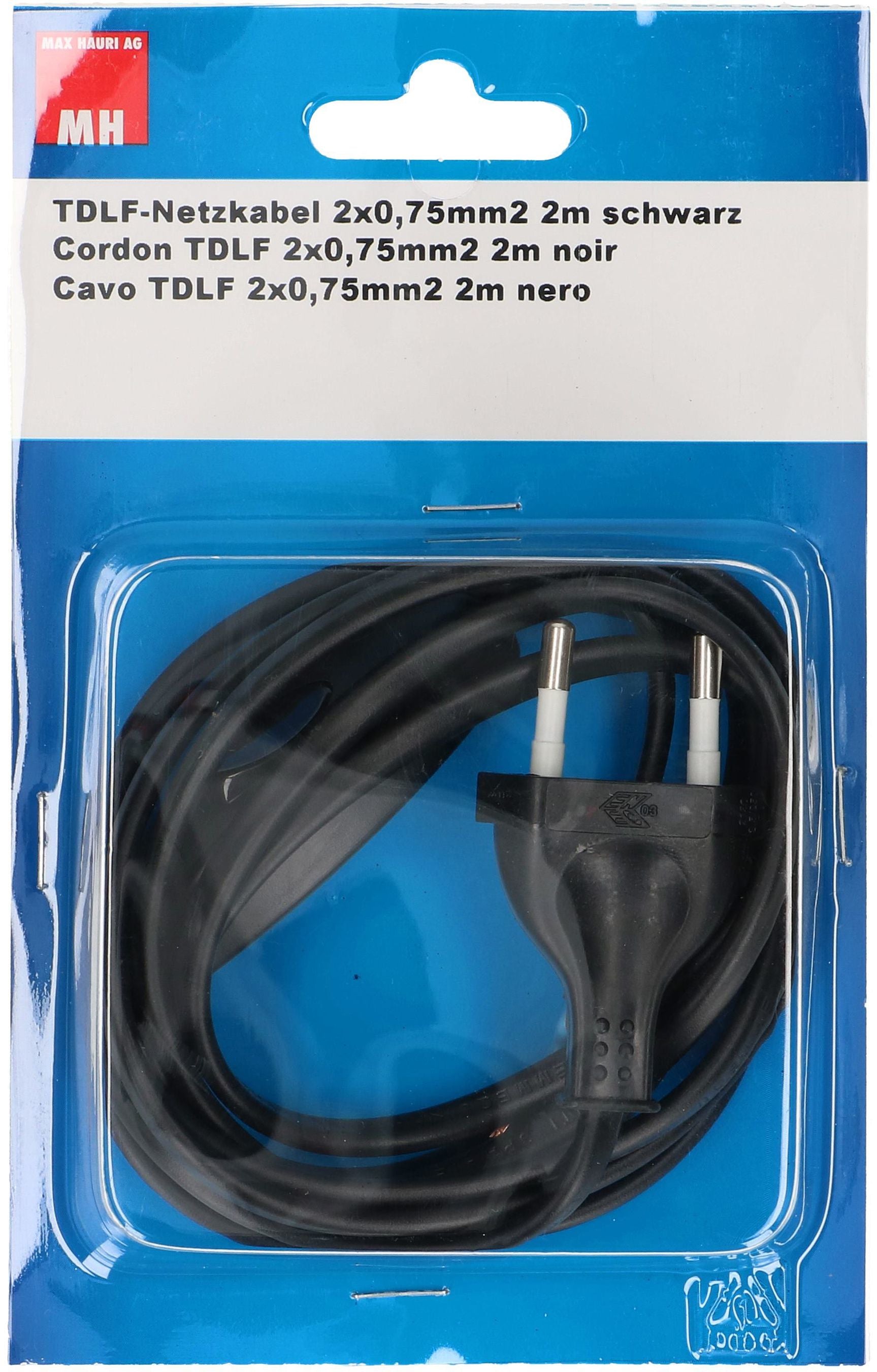 Max Hauri AG Max Hauri Netzkabel – offen–T26, 2 m, H03VVH2-F, 2×0,75 mm², Schwarz