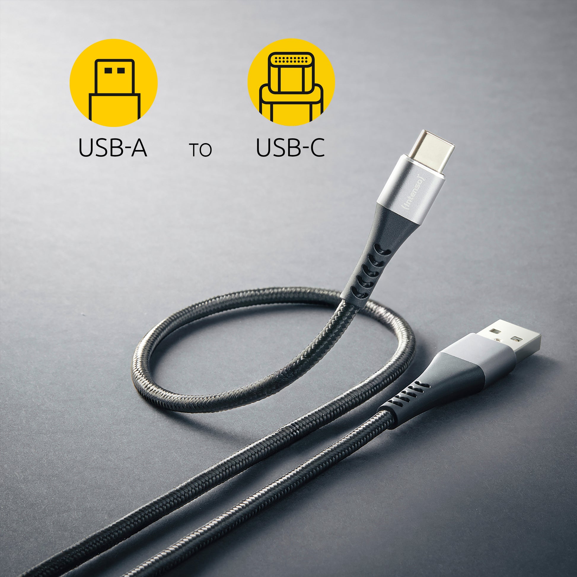 Intenso USB-A auf USB-C Kabel – USB 2.0 (480 Mbit/s) – 1,5 m – PD 60 W – Geflochtenes Nylon – Schwarz