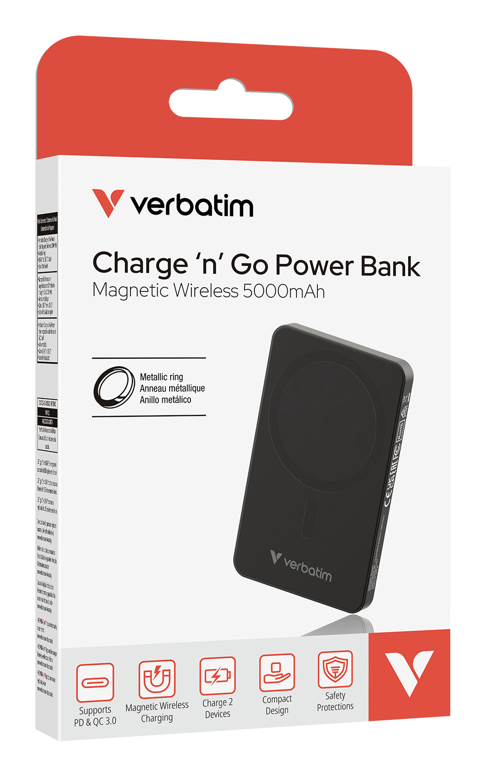 Verbatim MagSafe Powerbank 5'000 mAh – 20 W PD, Wireless 20 W, 1× USB-C, 1× USB-A, schwarz