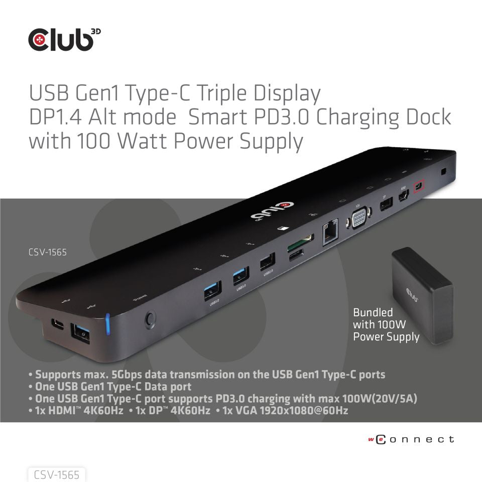 CLUB3D Club 3D Dockingstation – USB-C, 1× DP, 1× HDMI, 1× VGA, 8× USB-A, 100 W PD, GbE, für USB-C-Laptops