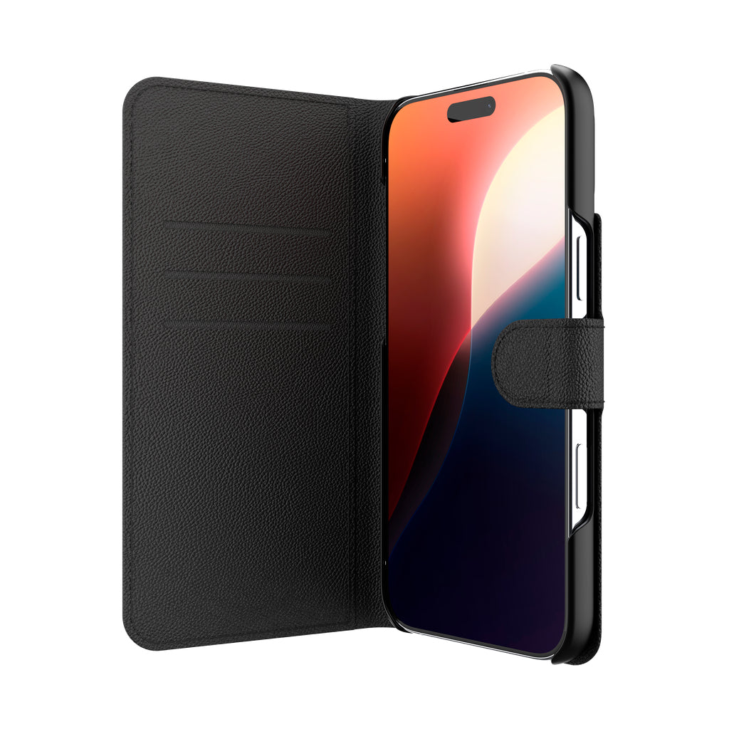 IFROGZ Wallethülle – für Apple iPhone 16 Pro Max, mit Ständer, 3 Kartenfächer, PU+PC, Schwarz