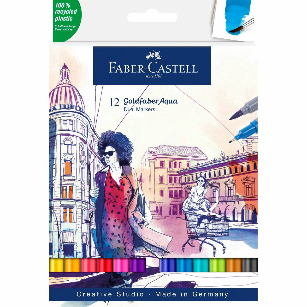Faber-Castell Goldfaber Pinselstift, Doppelspitze – Pinsel + Feine Spitze, 0,6 mm, wasservermalbar, 12 Farben