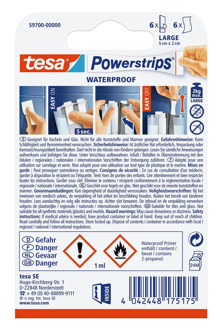 Tesa Montageband Powerstrips, für Innen, für Glas/Fliesen, Weiss, bis 2 kg