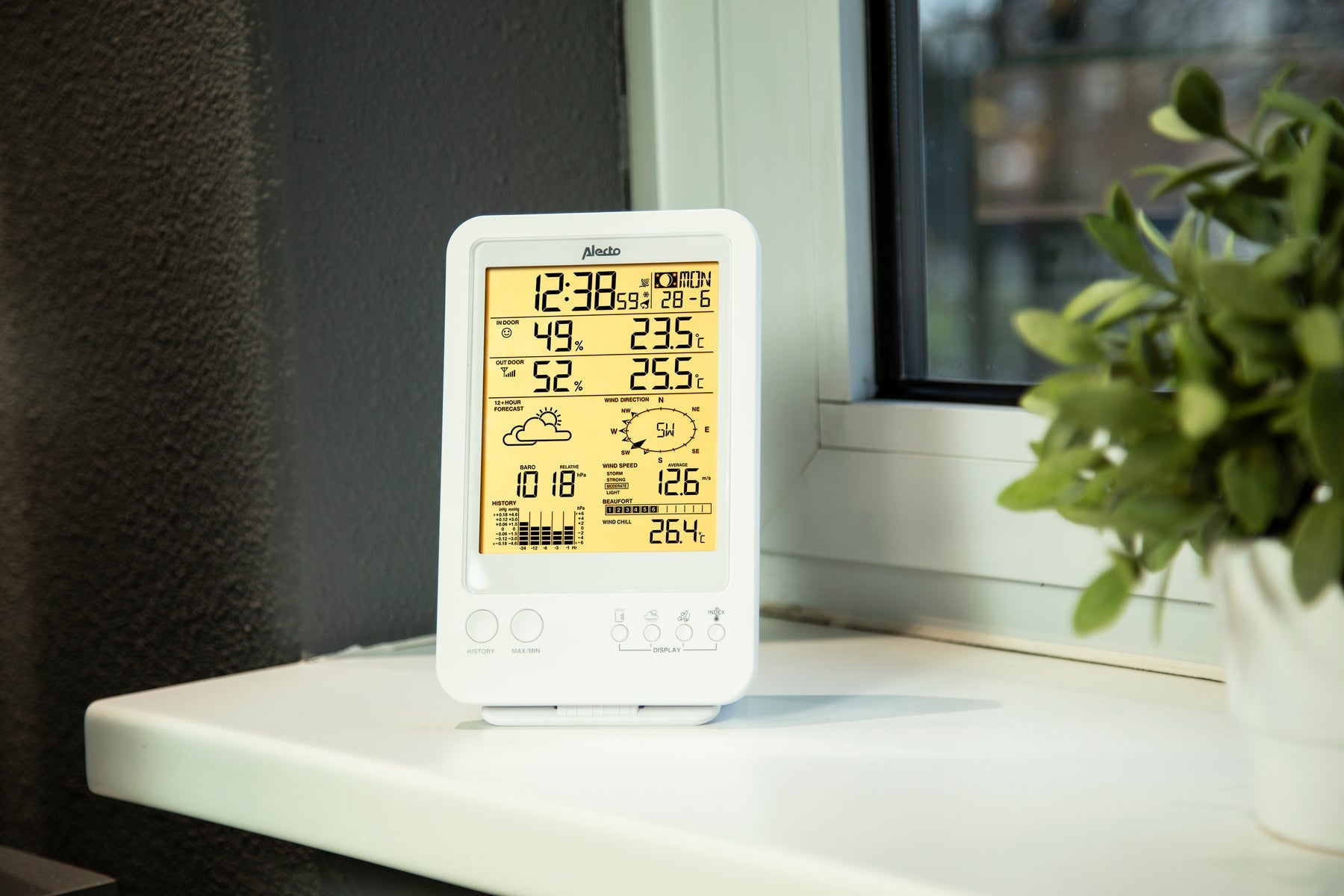 Alecto WS-4800 – Wetterstation, Funk 868 MHz, innen/außen, Hygrometer & Barometer, inkl. Aussensensor – weiss