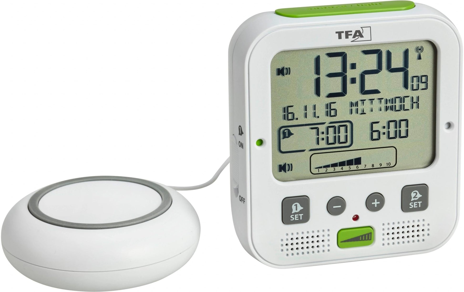 TFA-Dostmann TFA Dostmann Wecker BOOM Funk – digital – 6,5 × 12,2 × 11,0 cm, weiss, Kunststoff, Projektor