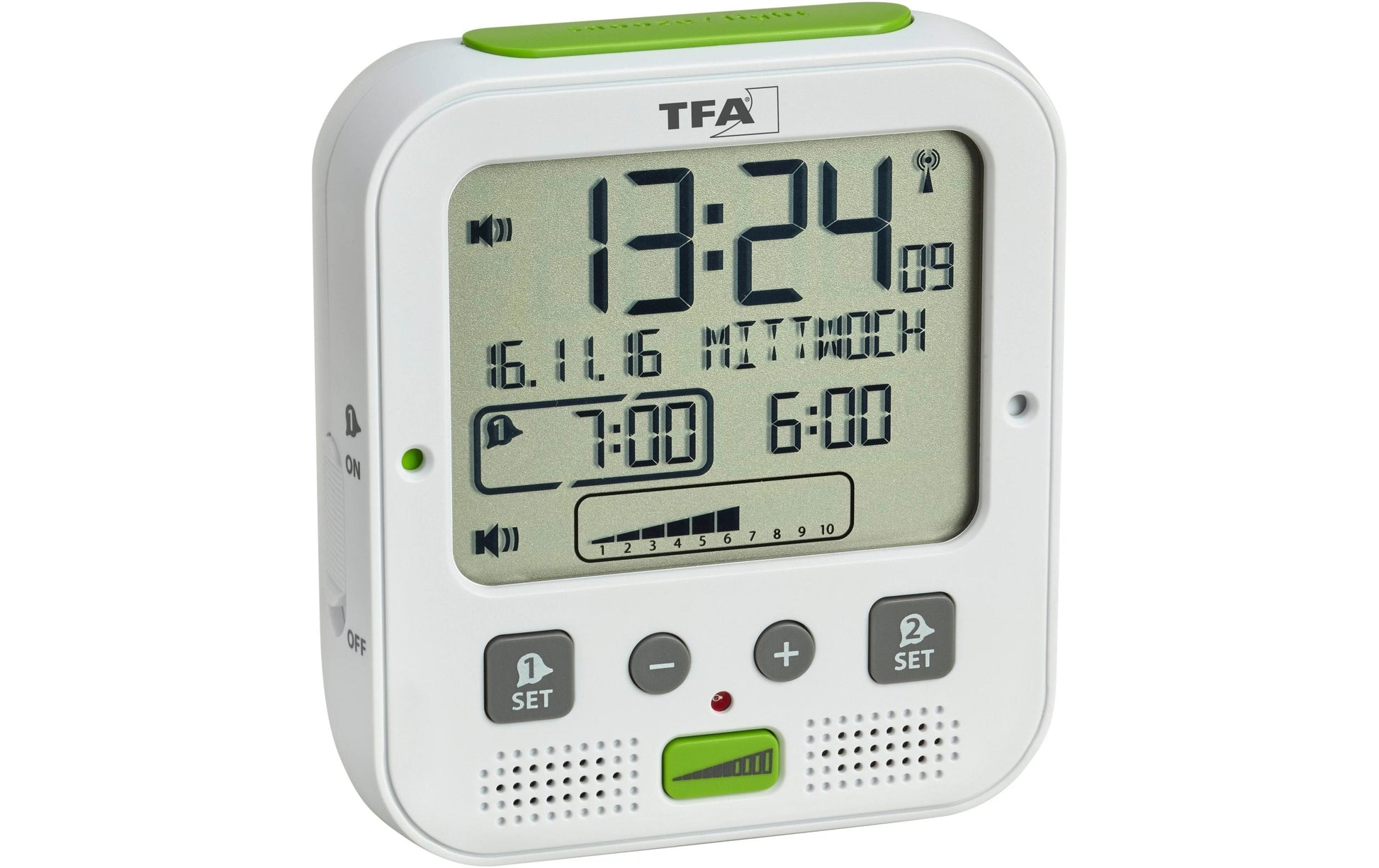 TFA-Dostmann TFA Dostmann Wecker BOOM Funk – digital – 6,5 × 12,2 × 11,0 cm, weiss, Kunststoff, Projektor