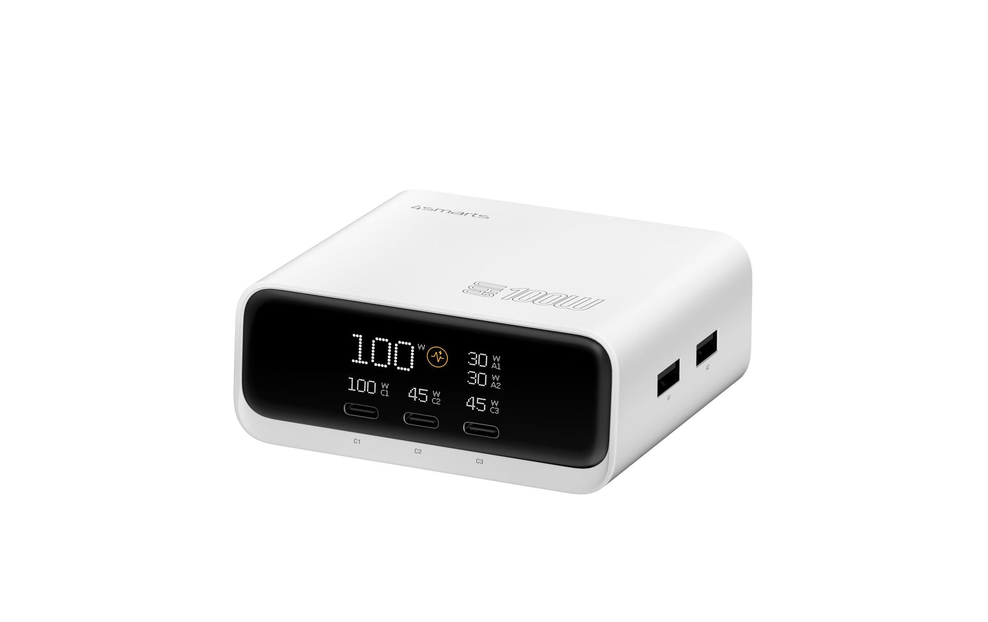 4smarts Desk Charger GaN Screen – 100 W, 3× USB-C + 2× USB-A – für Nintendo Switch, Laptop, Smartphone