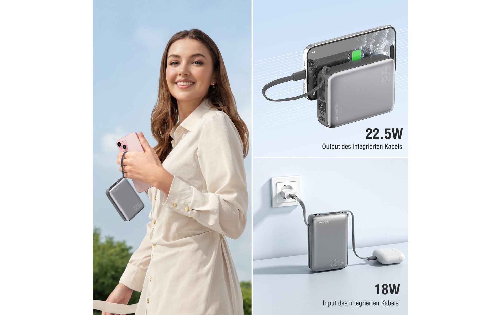 4smarts Powerbank 20000 mAh, PD 22,5 W, für Smartphones, Grau