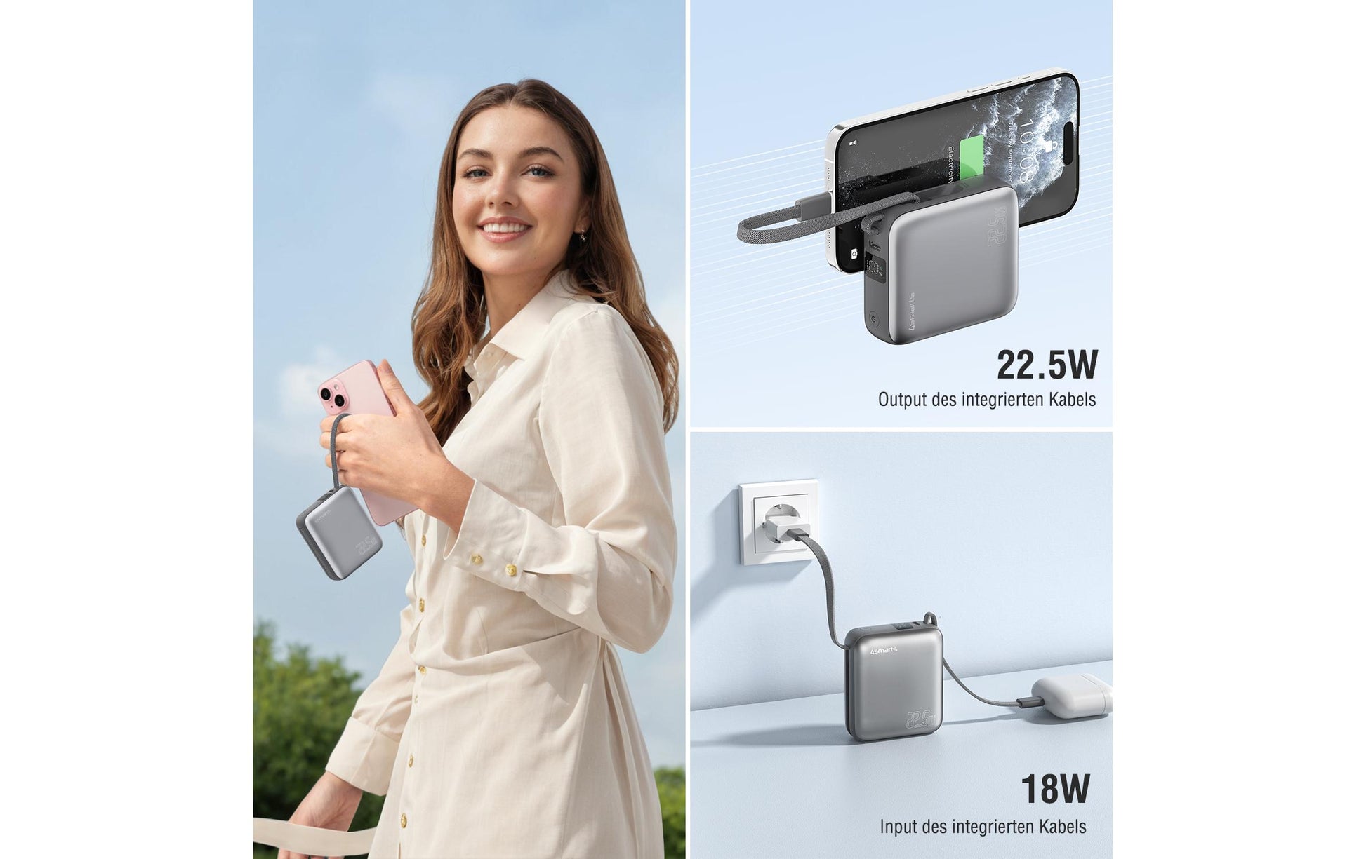 4smarts Powerbank 10000 mAh, PD 22,5 W, mit integriertem Ladekabel, für Smartphones, grau