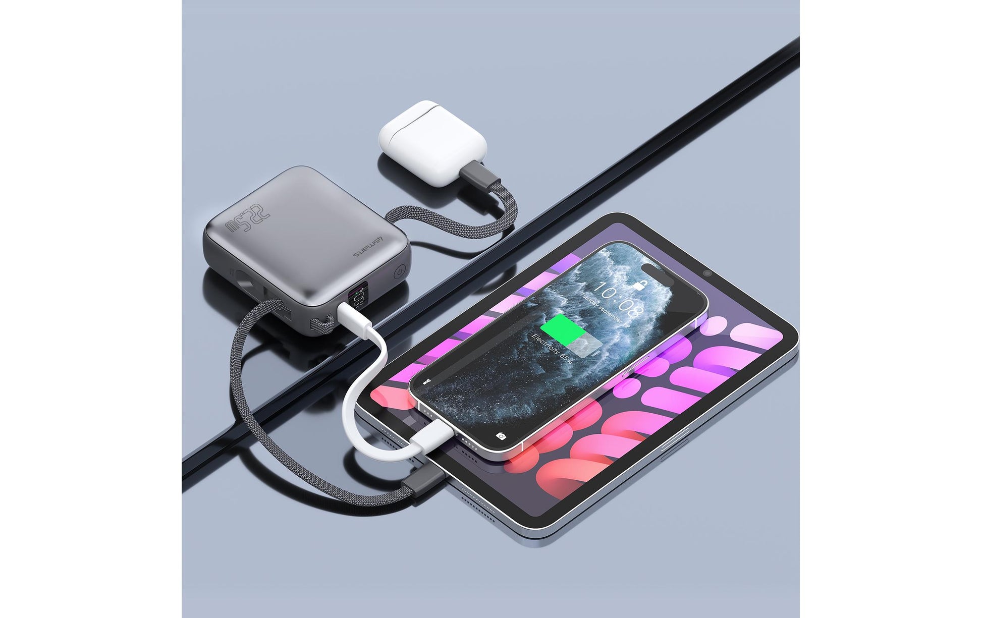 4smarts Powerbank 10000 mAh, PD 22,5 W, mit integriertem Ladekabel, für Smartphones, grau