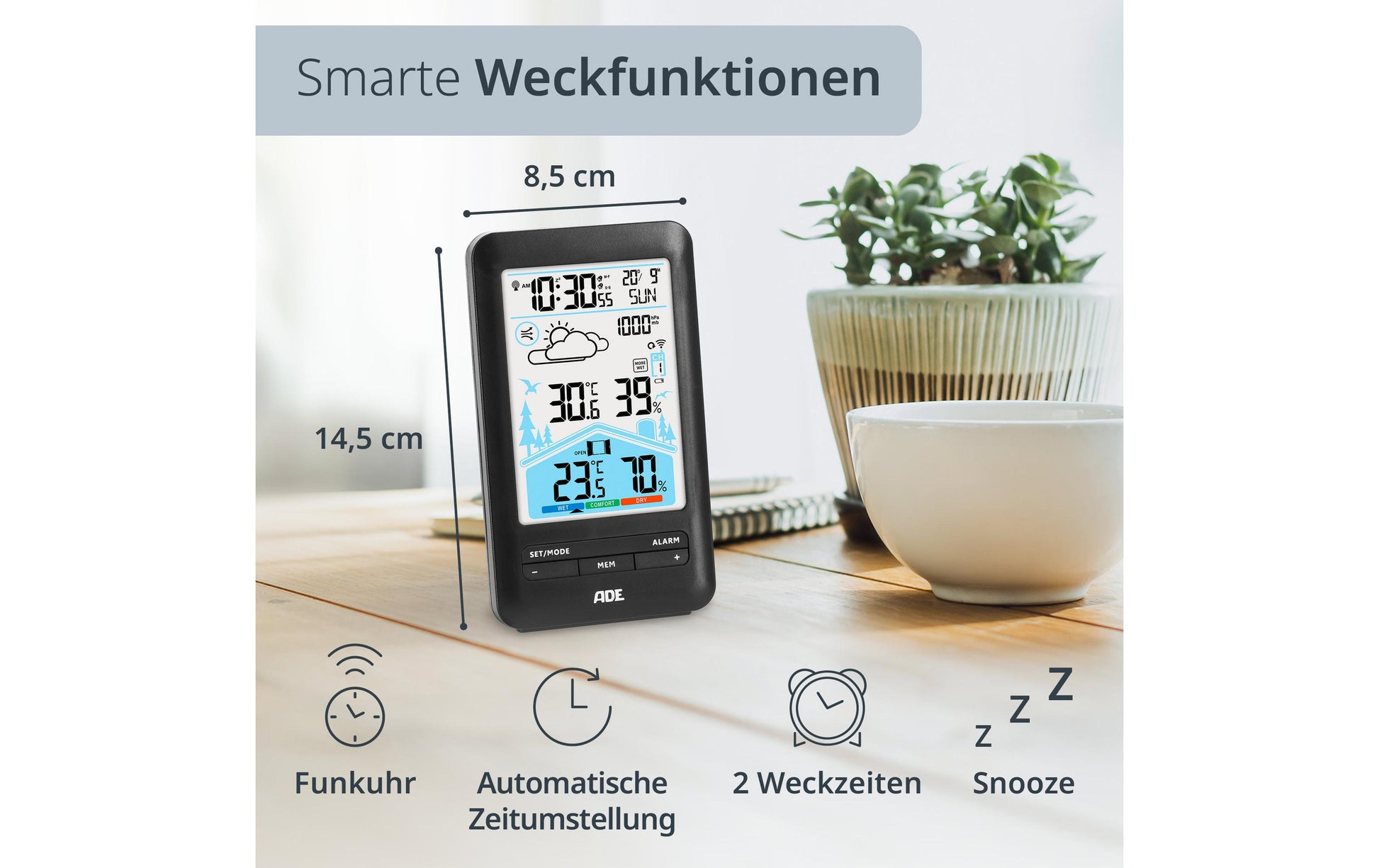 ADE – Wetterstation, innen/aussen, Hygrometer, inkl. Aussensensor – schwarz