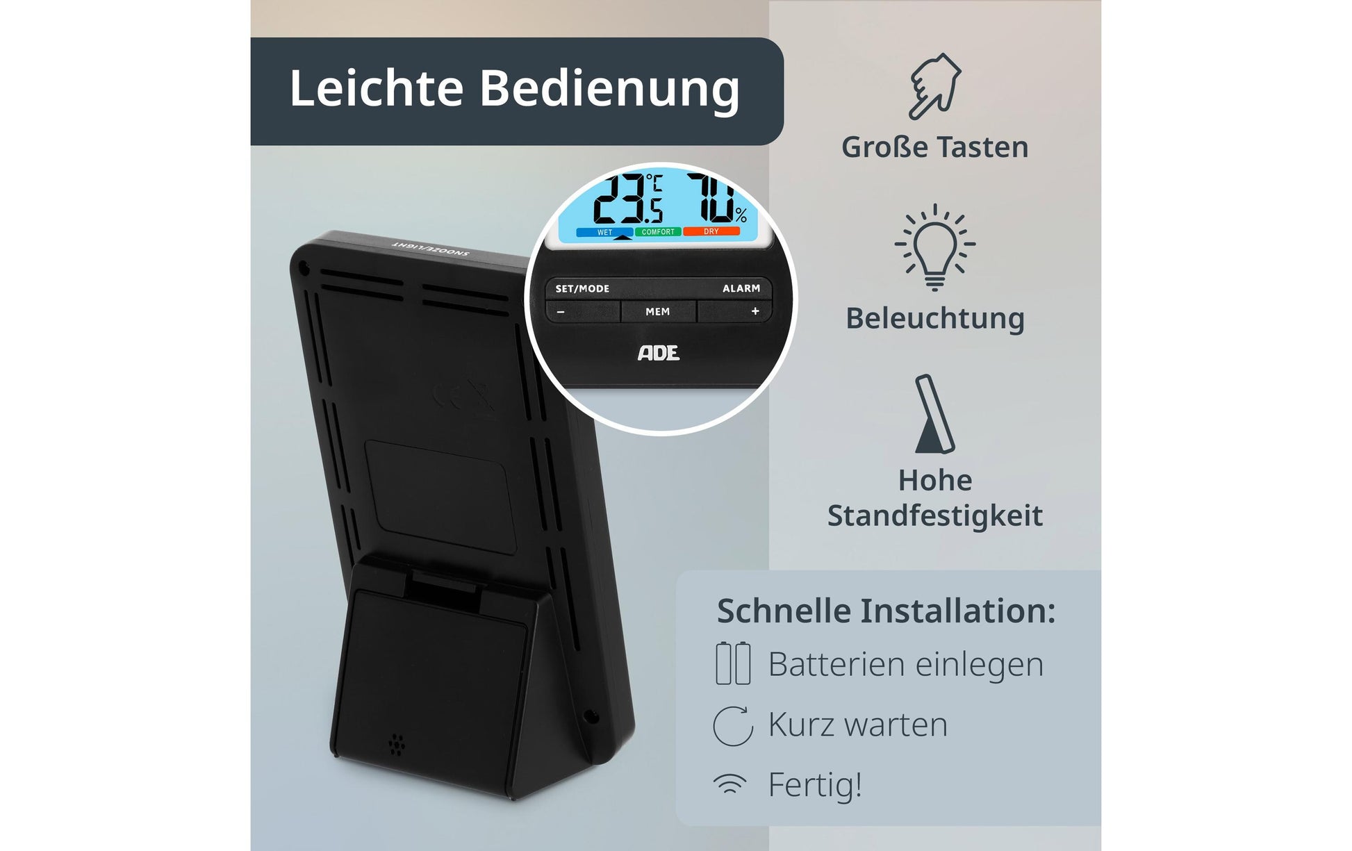 ADE – Wetterstation, innen/aussen, Hygrometer, inkl. Aussensensor – schwarz