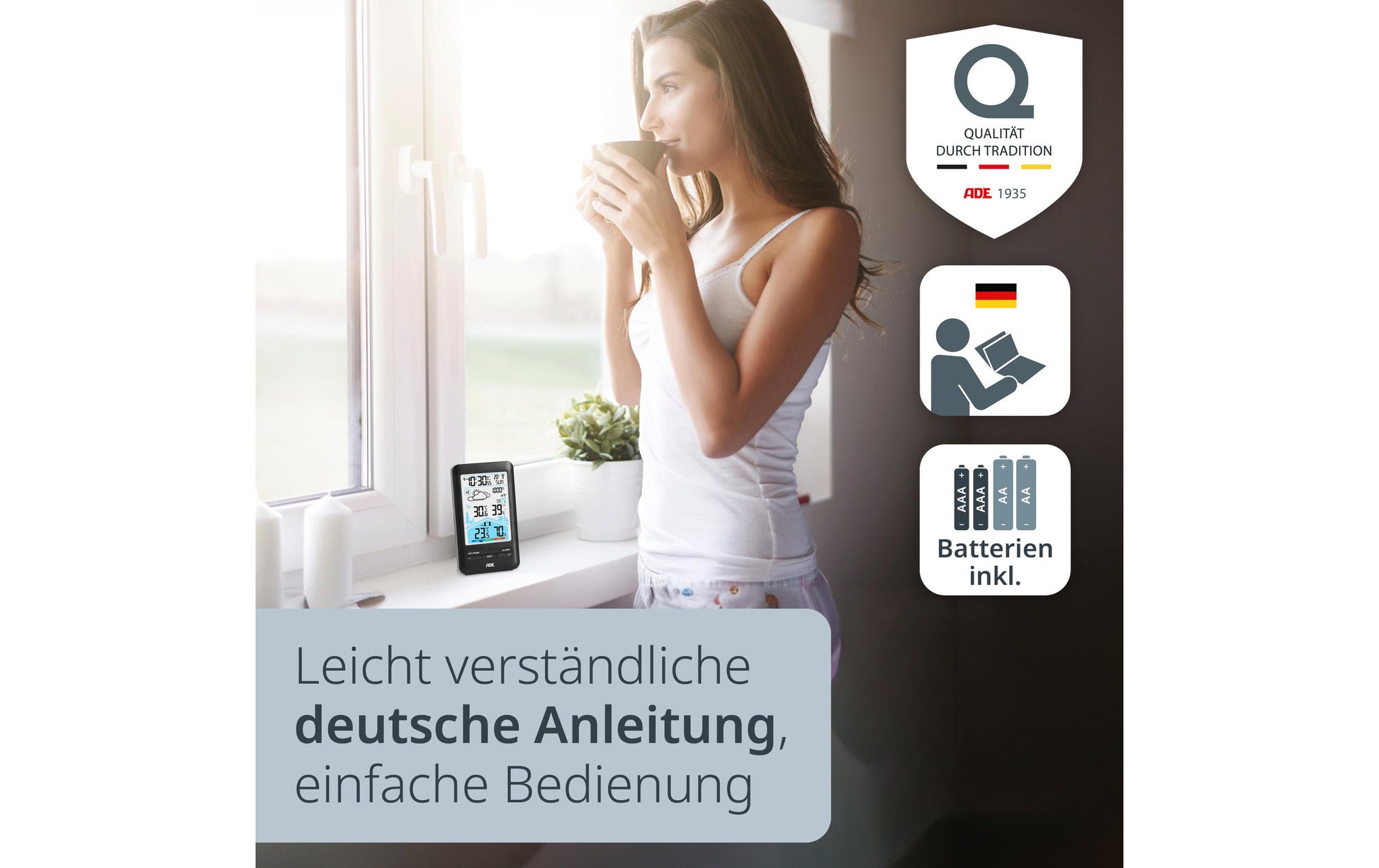 ADE – Wetterstation, innen/aussen, Hygrometer, inkl. Aussensensor – schwarz