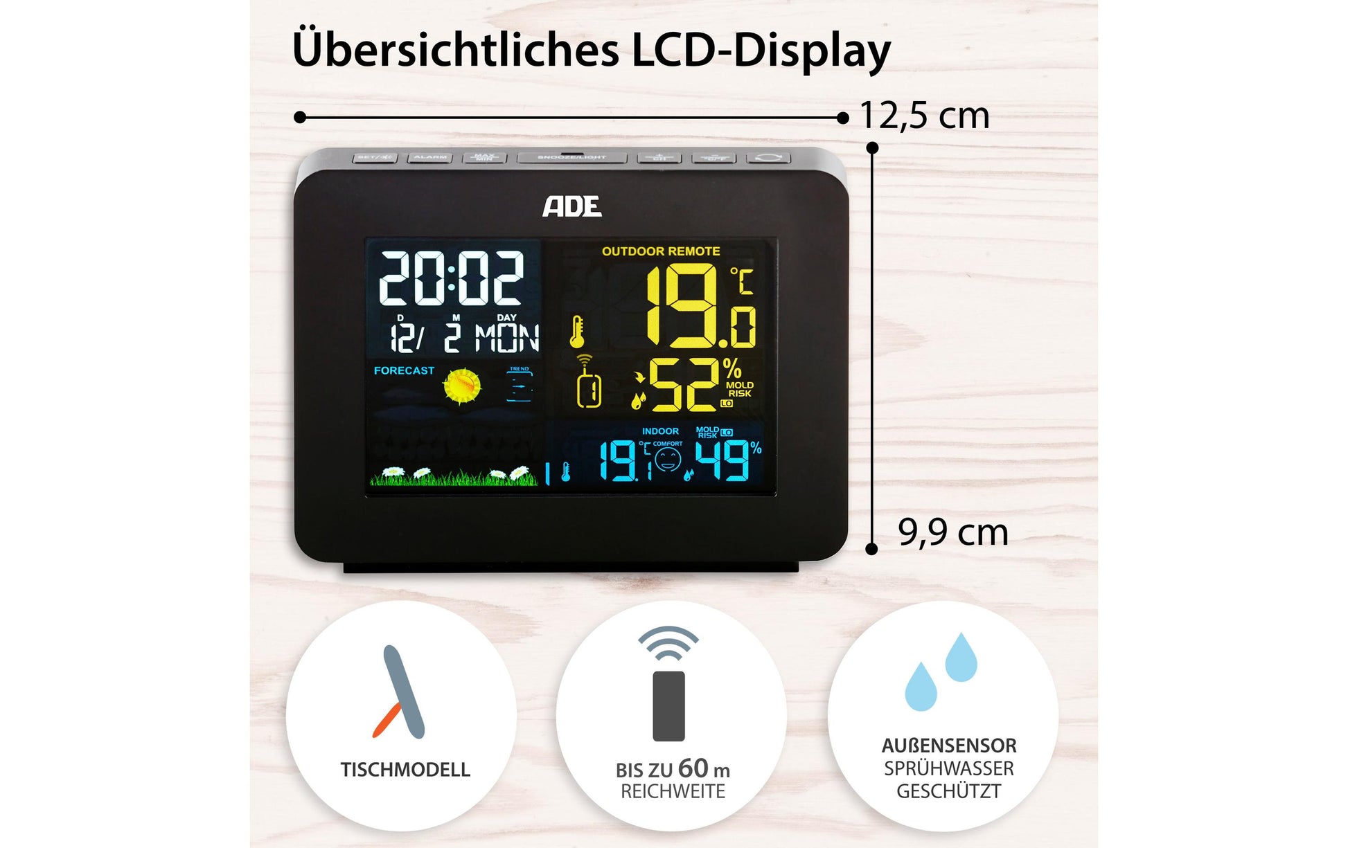 ADE WS1917 Temperatur-/Feuchtesensor – Kabellos, 0–50 °C, 20–95 %, Innen/Aussen