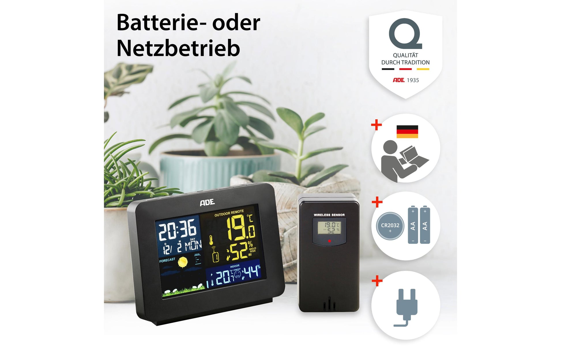 ADE WS1917 Temperatur-/Feuchtesensor – Kabellos, 0–50 °C, 20–95 %, Innen/Aussen